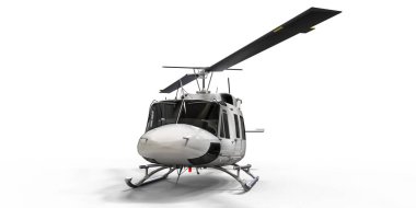 Beyaz izole edilmiş arka planda küçük bir askeri nakliye helikopteri. Helikopter kurtarma servisi. Hava taksisi. Polis, itfaiye, ambulans ve kurtarma ekipleri için helikopter. 3d illüstrasyon