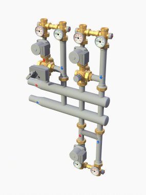 Endüstriyel bir pompanın 3 boyutlu modeli ve beyaz izole edilmiş arka planda kapakları kapalı olan bir boru bölümü. 3d illüstrasyon.