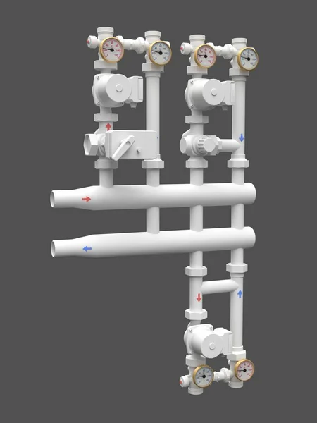 3d model of an industrial pump and pipe section with shut off valves. 3d illustration.