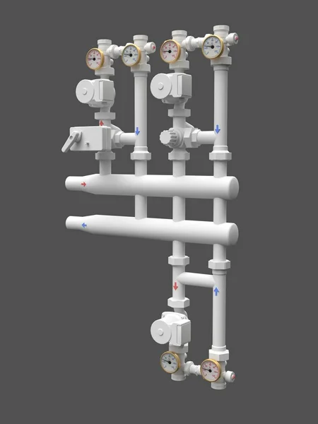 3d model of an industrial pump and pipe section with shut off valves. 3d illustration.