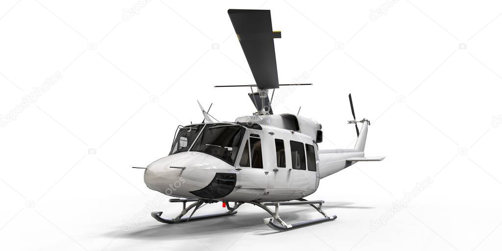 White small military transport helicopter on white isolated background. The helicopter rescue service. Air taxi. Helicopter for police, fire, ambulance and rescue service. 3d illustration