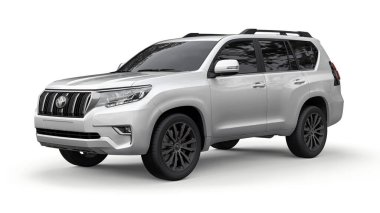 Tula, Rusya. 13 Temmuz 2021: Toyota Land Cruiser Prado 2018 beyaz SUV arabası beyaz arka planda izole edildi. 3d oluşturma