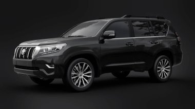 Tula, Rusya. 10 Temmuz 2021: Toyota Land Cruiser Prado 2018 siyah arazi aracı siyah arka planda izole edildi. 3d oluşturma