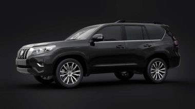 Tula, Rusya. 10 Temmuz 2021: Toyota Land Cruiser Prado 2018 siyah arazi aracı siyah arka planda izole edildi. 3d oluşturma