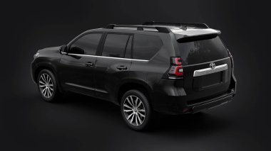 Tula, Rusya. 10 Temmuz 2021: Toyota Land Cruiser Prado 2018 siyah arazi aracı siyah arka planda izole edildi. 3d oluşturma