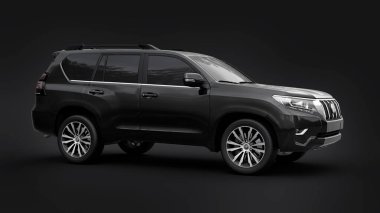Tula, Rusya. 10 Temmuz 2021: Toyota Land Cruiser Prado 2018 siyah arazi aracı siyah arka planda izole edildi. 3d oluşturma