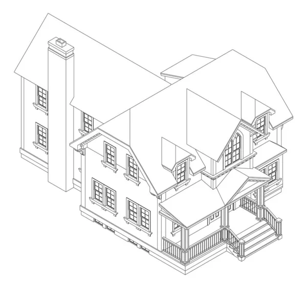 Oud Huis Victoriaanse Stijl Illustratie Witte Achtergrond Zwart Wit Afbeelding — Stockvector