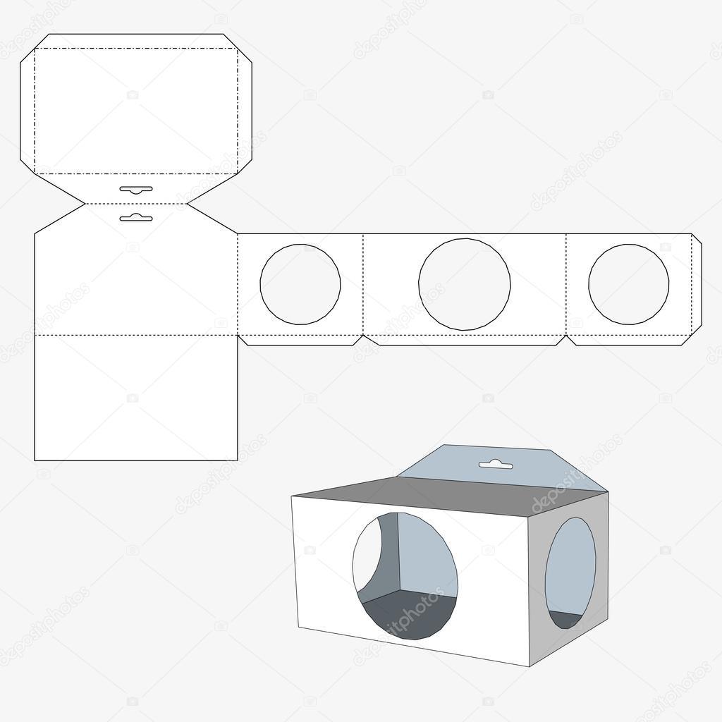 box with circl windows. Packing box For Food, Gift Or Other Products. On White Background Isolated. Ready For Your Design.