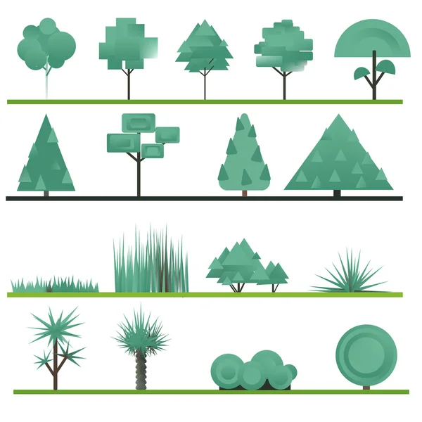 Sada abstraktní stromů, keřů, trávy na bílém pozadí. — Stockový vektor