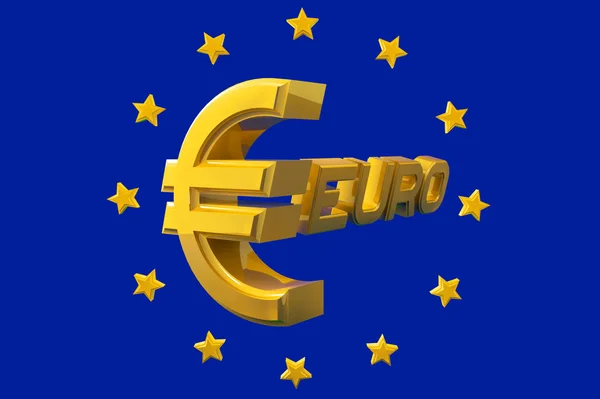 Gold emblem euro isolated on a blue background with stars around — Stock Photo, Image