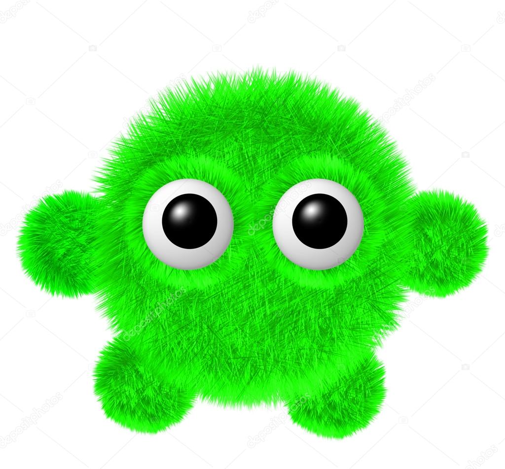 Little green furry monster with arms and legs. Fluffy character with big eyes.