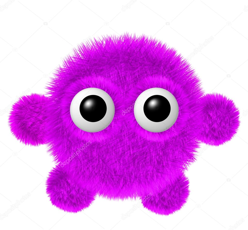 Little magenta furry monster with arms and legs. Fluffy character with big eyes.
