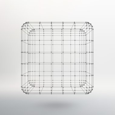 Cube of lines and dots. Cube of the lines connected to points. Molecular lattice. The structural grid of polygons. White background. The facility is located on a white studio background.