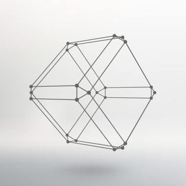 Cube of lines and dots. Cube of the lines connected to points. Molecular lattice. The structural grid of polygons. White background. The facility is located on a white studio background.