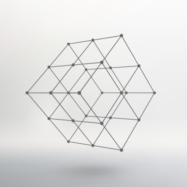Cube of lines and dots. Cube of the lines connected to points. Molecular lattice. The structural grid of polygons. White background. The facility is located on a white studio background.