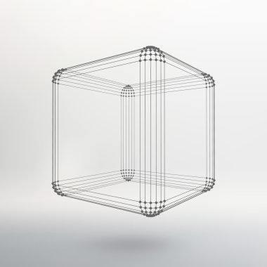 Cube of lines and dots. Cube of the lines connected to points. Molecular lattice. The structural grid of polygons. White background. The facility is located on a white studio background.