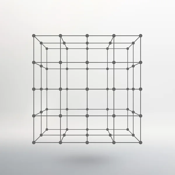 Cube of lines and dots. Cube of the lines connected to points. Molecular lattice. The structural grid of polygons. White background. The facility is located on a white studio background. — Διανυσματικό Αρχείο