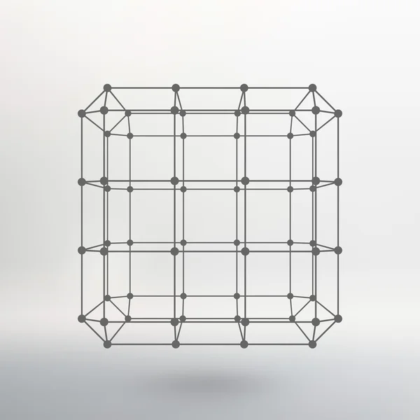 Кубик ліній і крапок. Куб ліній, з'єднаних з точками. Молекулярна решітка. Структурна сітка багатокутників. Білий фон. Об'єкт розташований на білому фоні студії . — стоковий вектор