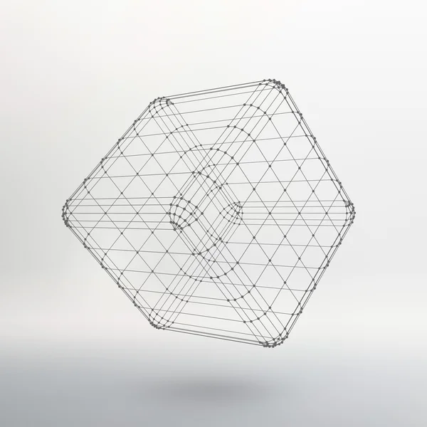 Cube de lignes et de points. Cube des lignes reliées aux points. Réseau moléculaire. La grille structurelle des polygones. Fond blanc. L'installation est située sur un fond de studio blanc . — Image vectorielle