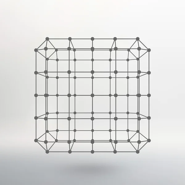 Cube de lignes et de points. Cube des lignes reliées aux points. Réseau moléculaire. La grille structurelle des polygones. Fond blanc. L'installation est située sur un fond de studio blanc . — Image vectorielle