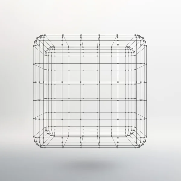 Cube of lines and dots. Cube of the lines connected to points. Molecular lattice. The structural grid of polygons. White background. The facility is located on a white studio background. — Stock vektor