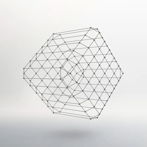 Cubo de líneas y puntos. Cubo de las líneas conectadas a puntos. Rejilla molecular. La cuadrícula estructural de los polígonos. Fondo blanco. La instalación se encuentra en un fondo de estudio blanco . — Vector de stock