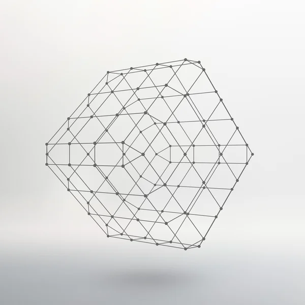 Cubo de líneas y puntos. Cubo de las líneas conectadas a puntos. Rejilla molecular. La cuadrícula estructural de los polígonos. Fondo blanco. La instalación se encuentra en un fondo de estudio blanco . — Vector de stock