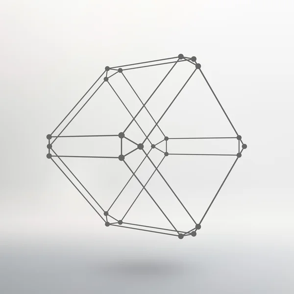 Cubo de líneas y puntos. Cubo de las líneas conectadas a puntos. Rejilla molecular. La cuadrícula estructural de los polígonos. Fondo blanco. La instalación se encuentra en un fondo de estudio blanco . — Vector de stock