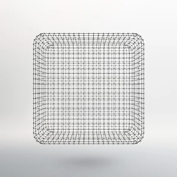 Cube of lines and dots. Cube of the lines connected to points. Molecular lattice. The structural grid of polygons. White background. The facility is located on a white studio background. — 图库矢量图片