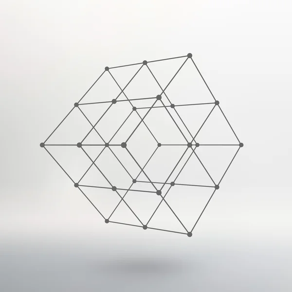 Cube of lines and dots. Cube of the lines connected to points. Molecular lattice. The structural grid of polygons. White background. The facility is located on a white studio background. — Stock vektor