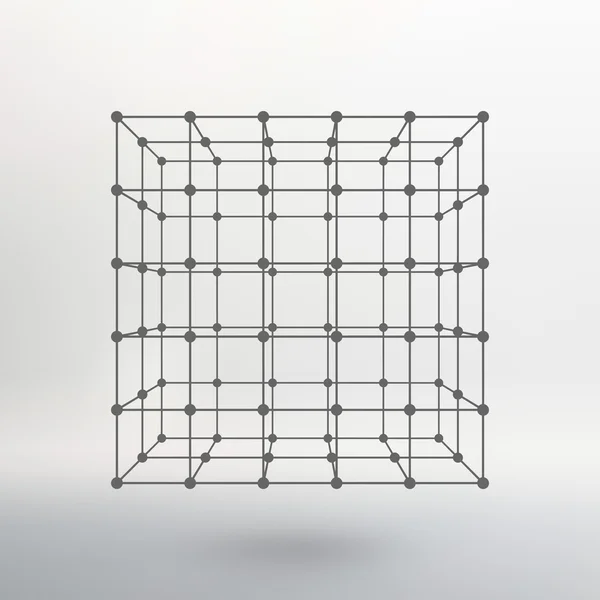 Cubo di linee e punti. Cubo delle linee collegate ai punti. Un reticolo molecolare. La griglia strutturale dei poligoni. Sfondo bianco. La struttura si trova su uno sfondo bianco studio . — Vettoriale Stock