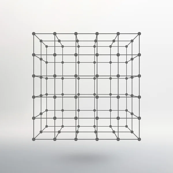 Cubo de líneas y puntos. Cubo de las líneas conectadas a puntos. Rejilla molecular. La cuadrícula estructural de los polígonos. Fondo blanco. La instalación se encuentra en un fondo de estudio blanco . — Vector de stock