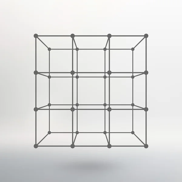 Куб линий и точек. Куб линий, связанных с точками. Молекулярная решетка. Структурная сетка многоугольников. Белый фон. Объект расположен на белом фоне студии . — стоковый вектор