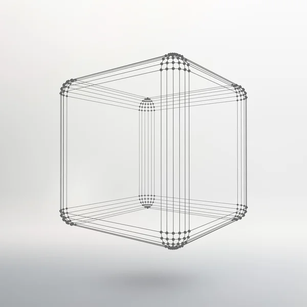 Cube of lines and dots. Cube of the lines connected to points. Molecular lattice. The structural grid of polygons. White background. The facility is located on a white studio background. — Wektor stockowy