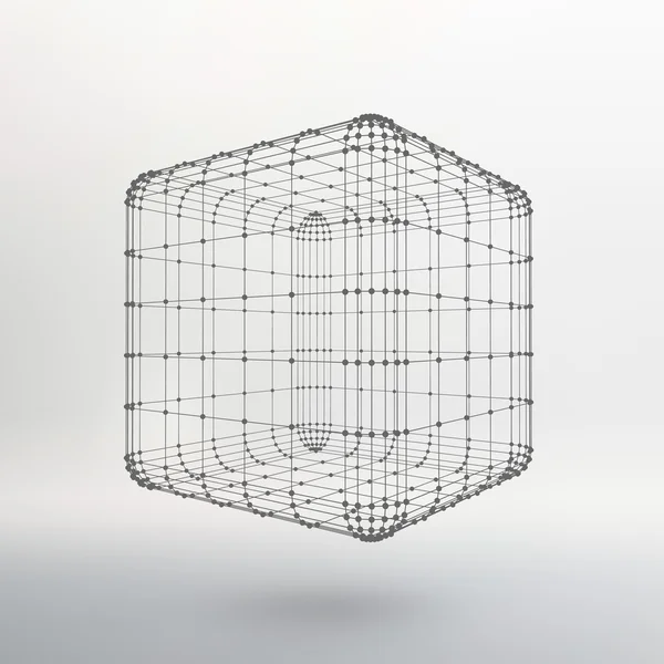 Куб линий и точек. Куб линий, связанных с точками. Молекулярная решетка. Структурная сетка многоугольников. Белый фон. Объект расположен на белом фоне студии . — стоковый вектор