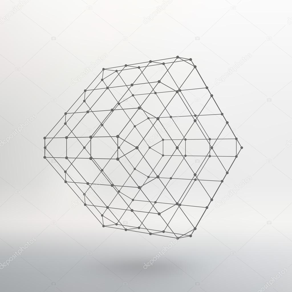 Cube of lines and dots. Cube of the lines connected to points. Molecular lattice. The structural grid of polygons. White background. The facility is located on a white studio background.