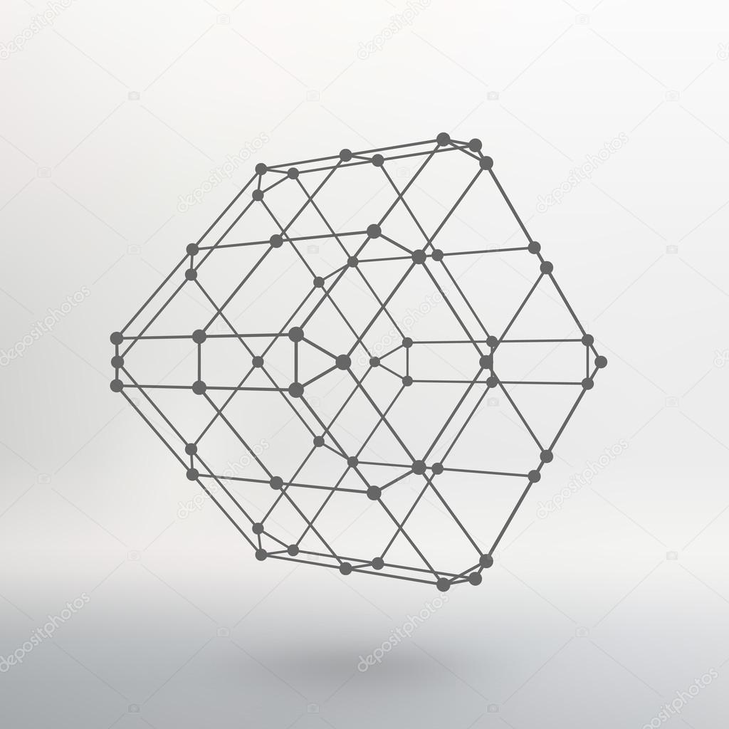 Cube of lines and dots. Cube of the lines connected to points. Molecular lattice. The structural grid of polygons. White background. The facility is located on a white studio background.