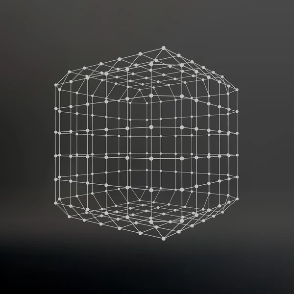 Cube of lines and dots. Cube of the lines connected to points. Molecular lattice. The structural grid of polygons. Black background. The facility is located on a black studio background. — 스톡 벡터