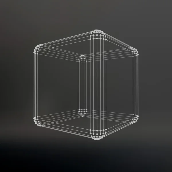 Кубик ліній і крапок. Куб ліній, з'єднаних з точками. Молекулярна решітка. Структурна сітка багатокутників. Чорний фон. Об'єкт розташований на чорному фоні студії . — стоковий вектор