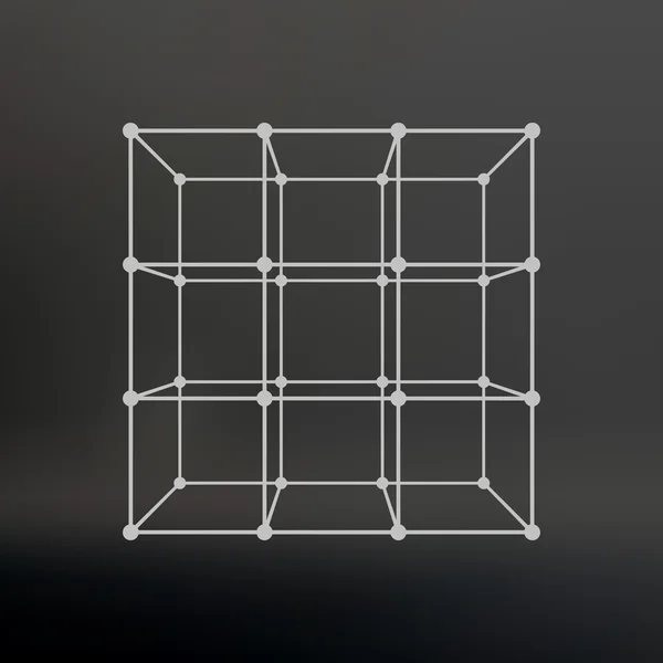 Cube of lines and dots. Cube of the lines connected to points. Molecular lattice. The structural grid of polygons. Black background. The facility is located on a black studio background. — Stock Vector