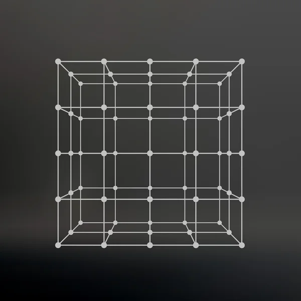 Cube of lines and dots. Cube of the lines connected to points. Molecular lattice. The structural grid of polygons. Black background. The facility is located on a black studio background. — Wektor stockowy