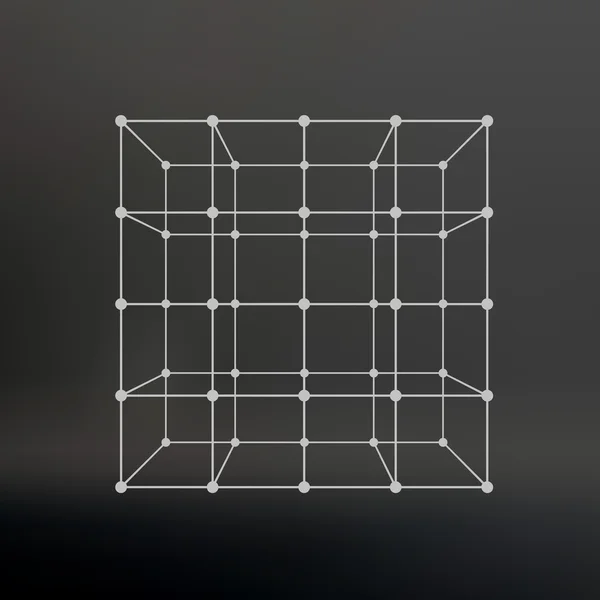 Cube of lines and dots. Cube of the lines connected to points. Molecular lattice. The structural grid of polygons. Black background. The facility is located on a black studio background. — Stock Vector