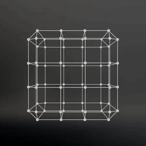 Куб линий и точек. Куб линий, связанных с точками. Молекулярная решетка. Структурная сетка многоугольников. Чёрный фон. Объект расположен на черном фоне студии . — стоковый вектор