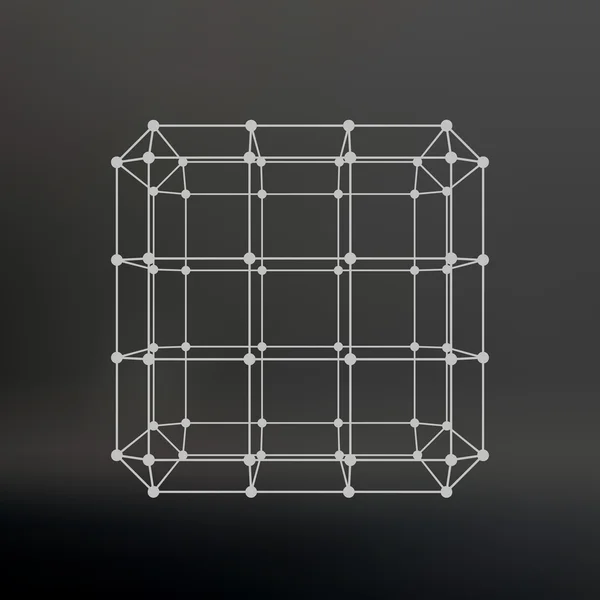 Cubo de líneas y puntos. Cubo de las líneas conectadas a puntos. Rejilla molecular. La cuadrícula estructural de los polígonos. Fondo negro. La instalación se encuentra en un fondo de estudio negro . — Vector de stock