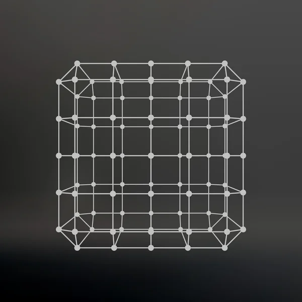 Cube of lines and dots. Cube of the lines connected to points. Molecular lattice. The structural grid of polygons. Black background. The facility is located on a black studio background. — Stock Vector