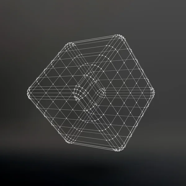 Cubo de líneas y puntos. Cubo de las líneas conectadas a puntos. Rejilla molecular. La cuadrícula estructural de los polígonos. Fondo negro. La instalación se encuentra en un fondo de estudio negro . — Vector de stock