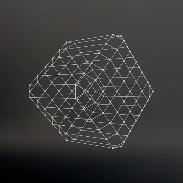 Cube of lines and dots. Cube of the lines connected to points. Molecular lattice. The structural grid of polygons. Black background. The facility is located on a black studio background. — Wektor stockowy