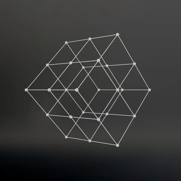 Куб линий и точек. Куб линий, связанных с точками. Молекулярная решетка. Структурная сетка многоугольников. Чёрный фон. Объект расположен на черном фоне студии . — стоковый вектор