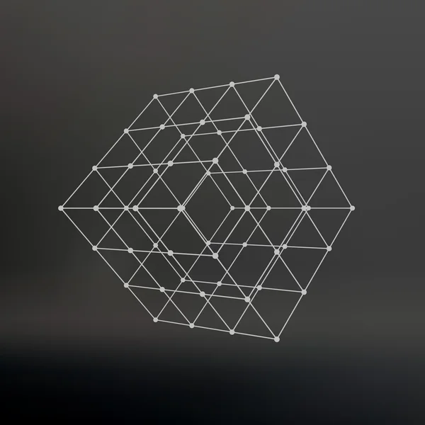 Cube of lines and dots. Cube of the lines connected to points. Molecular lattice. The structural grid of polygons. Black background. The facility is located on a black studio background.