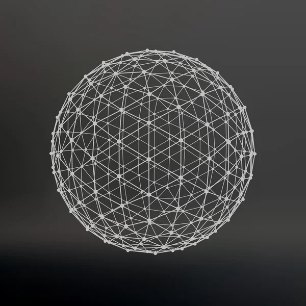 Масштаб линий и точек. Мяч линий, связанных с точками. Молекулярная решетка. Структурная сетка многоугольников. Чёрный фон. Объект расположен на черном фоне студии . — стоковый вектор